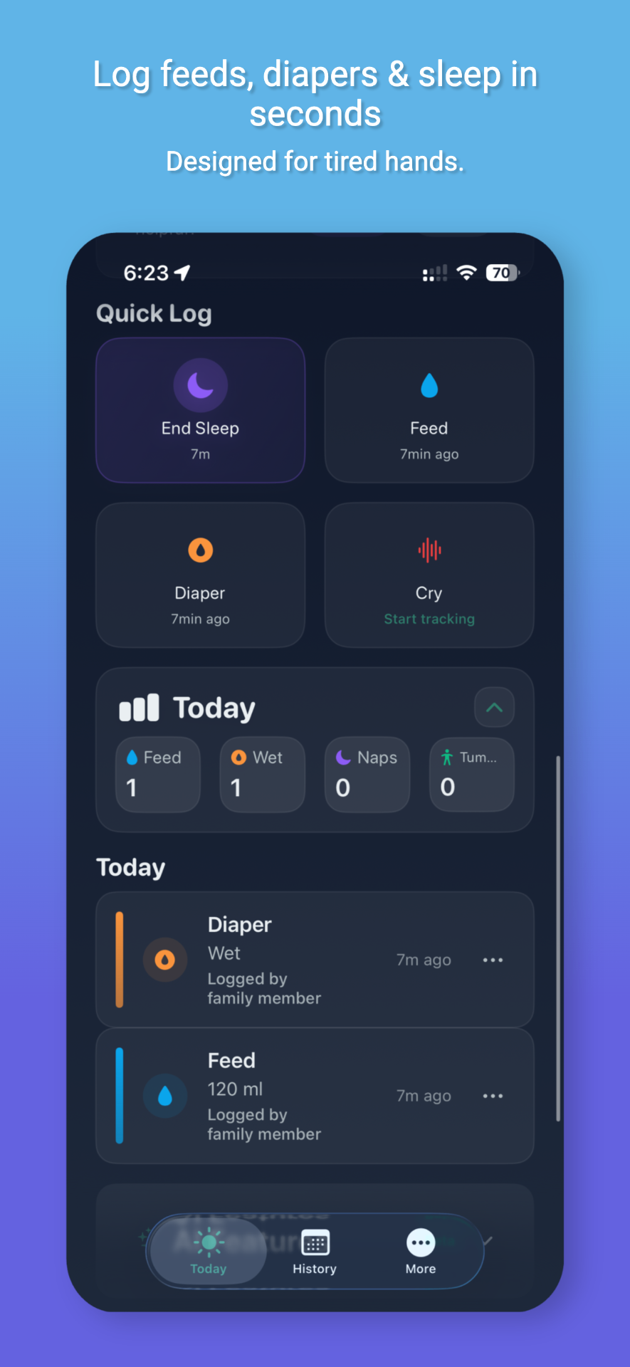 Nestling app Quick Log screen showing easy two-tap logging for feeds, sleep, diapers and more