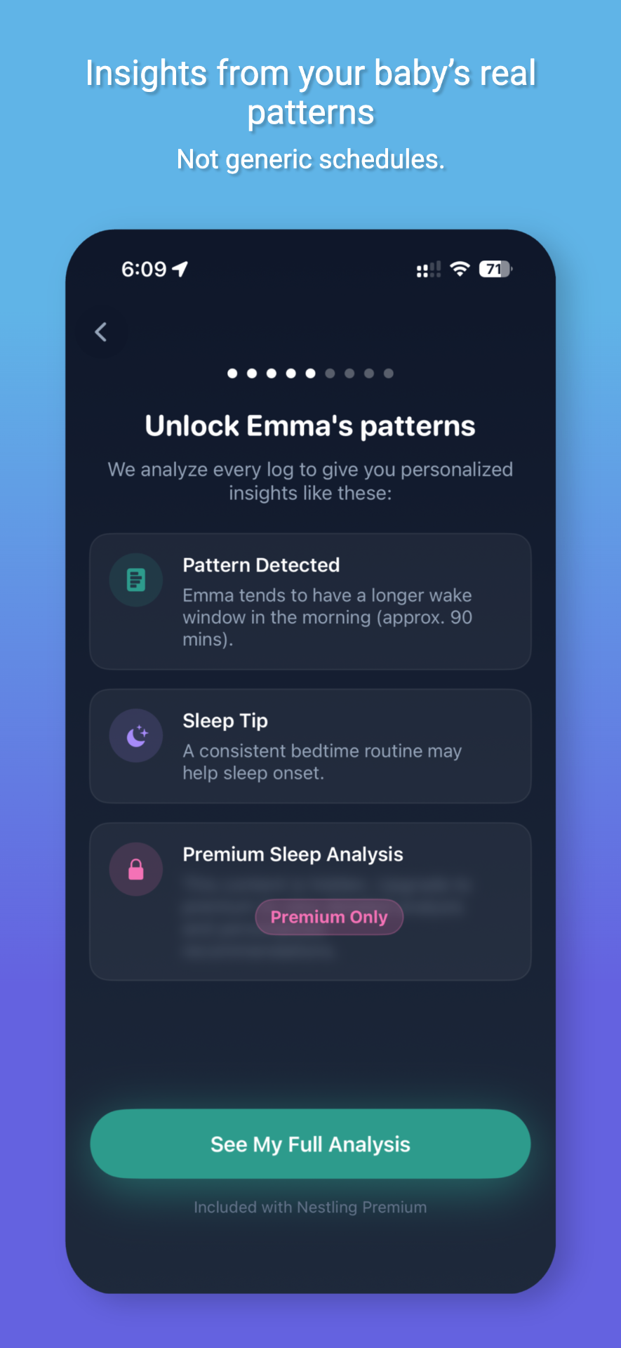 Nestling app displaying nap window prediction timer