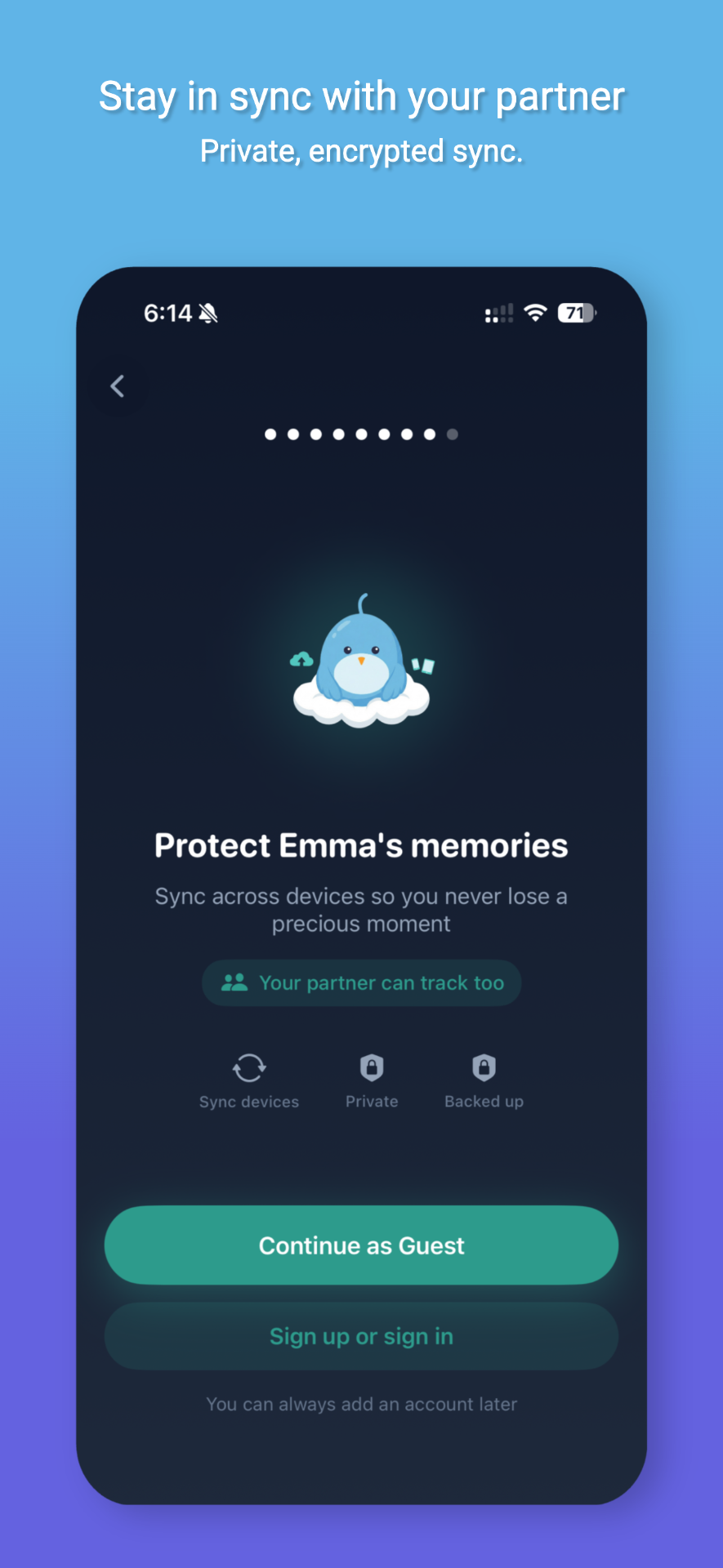Nestling app showing real-time sync across multiple devices