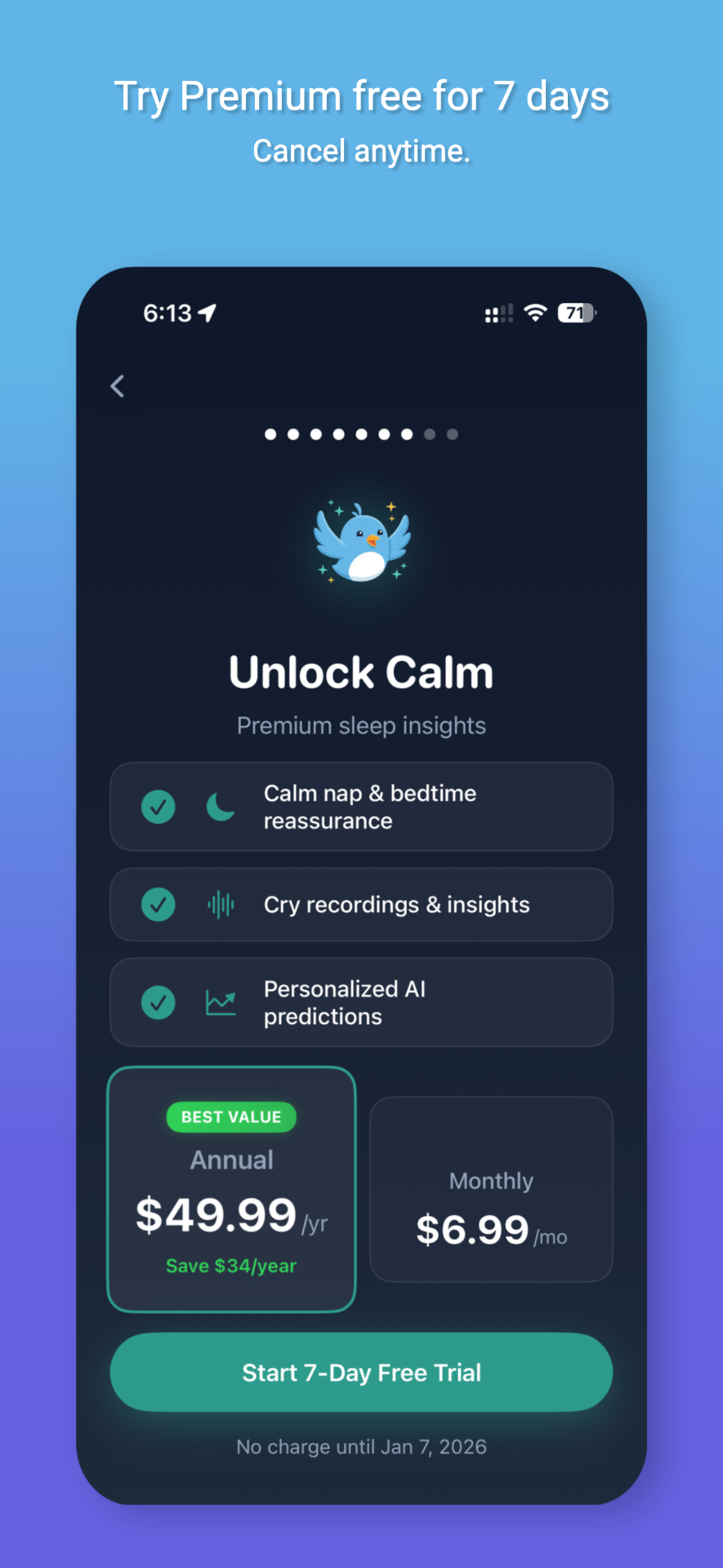 Nestling app premium screen showing all features included with subscription